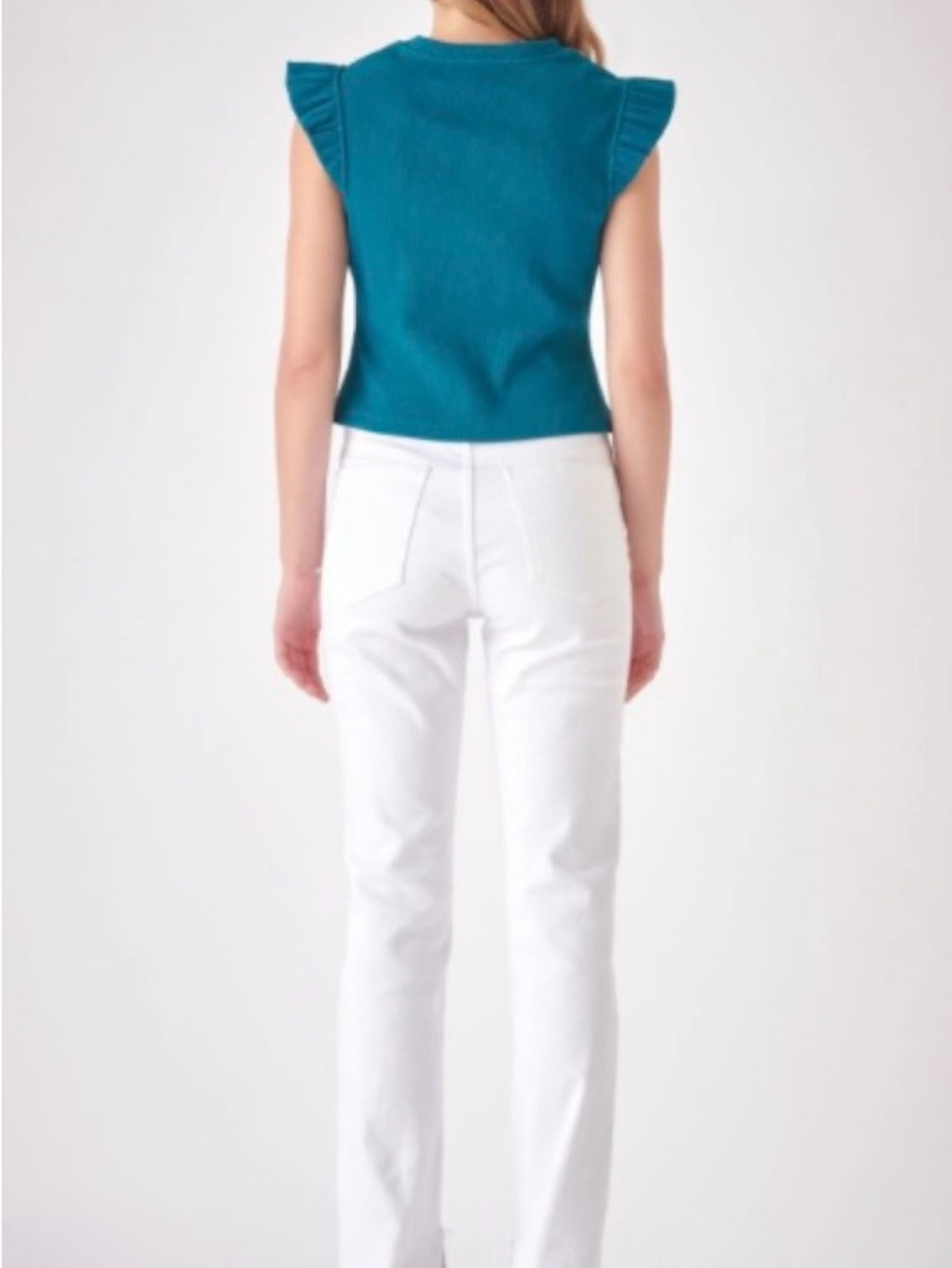 Free the Roses Teal Ribbed Ruffle Sleeve Tank - Picture 3 of 7